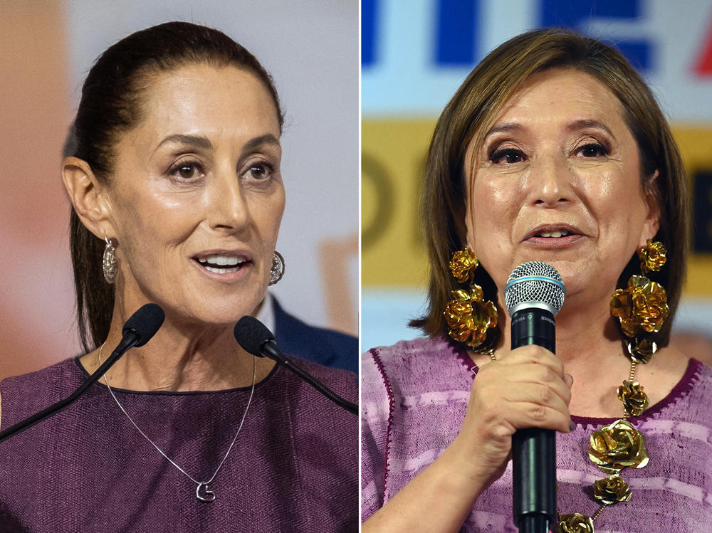 Left: Claudia Sheinbaum, former mayor of Mexico City, at a rally announcing she will be the Morena party's presidential candidate in next year's election, in Mexico City on Wednesday. Right: Former Mexican Sen. Xóchitl Gálvez speaks after registering as a presidential pre-candidate for a broad opposition coalition in Mexico City on July 4.