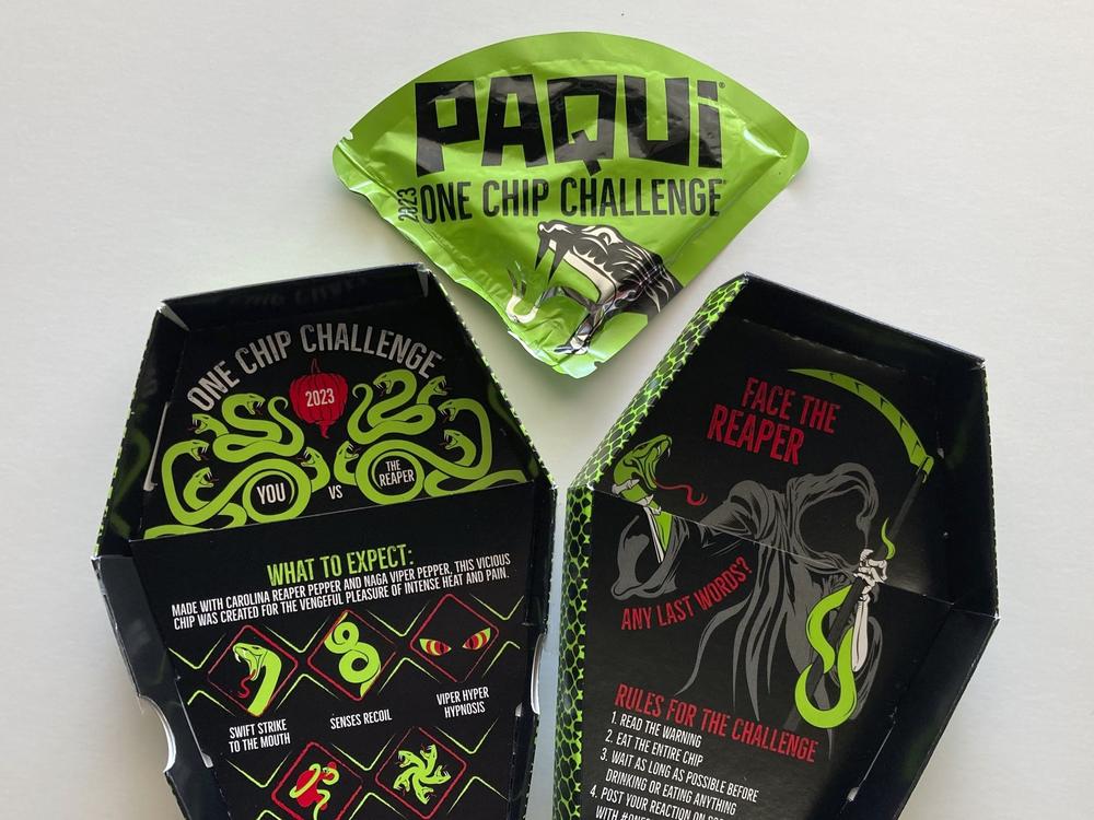 A package of Paqui OneChipChallenge spicy tortilla chips is seen on Thursday, Sept. 7, 2023, in Boston.