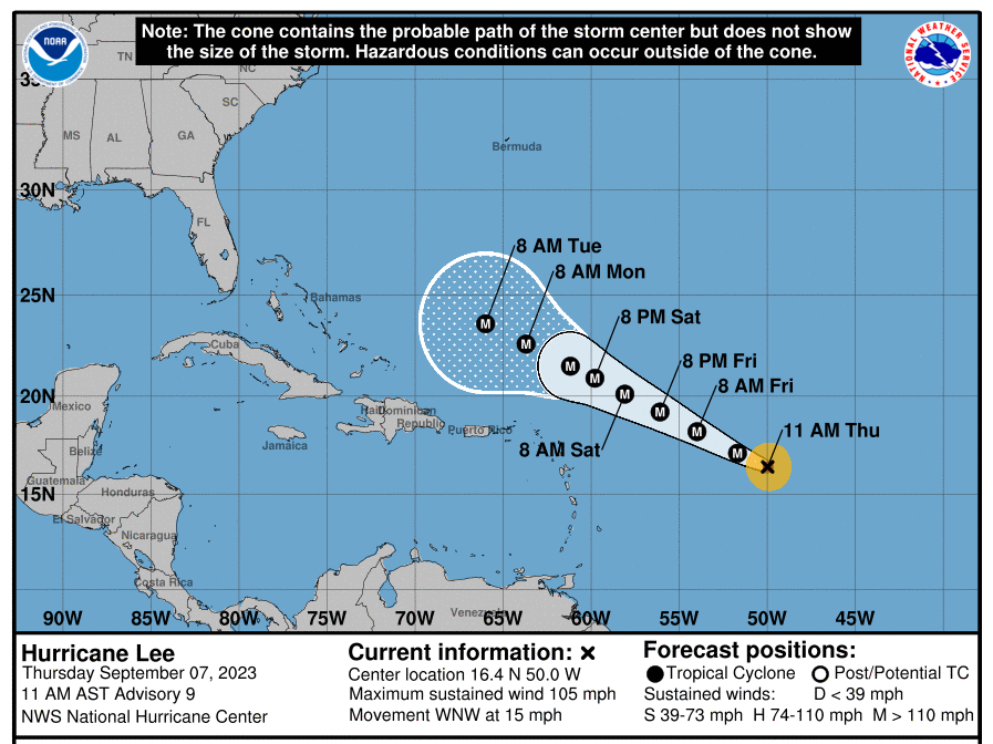 The core of Hurricane Lee is forecast to pass north of the Leeward Islands, the Virgin Islands and Puerto Rico over the next several days.