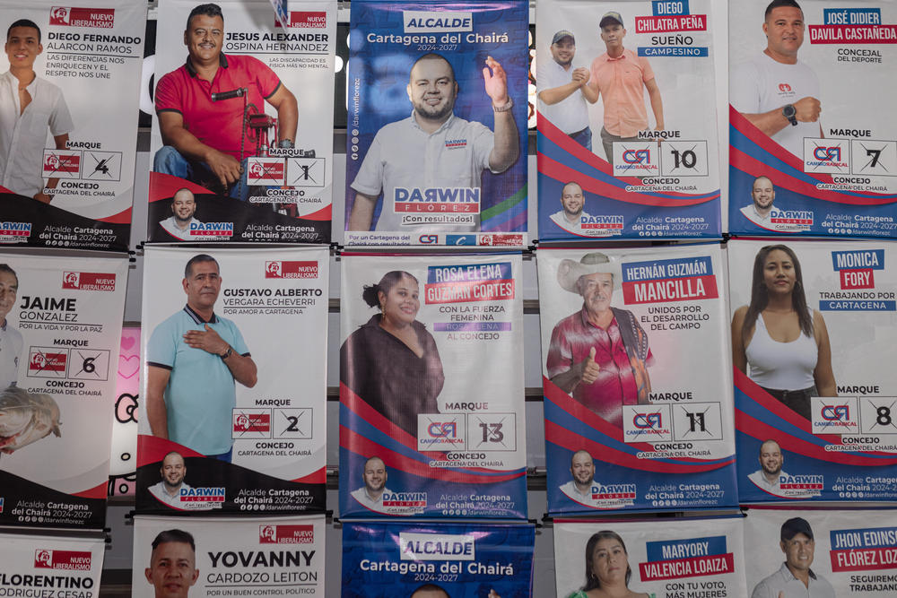 Campaign posters in Cartagena del Chairá. Voters here and in the rest of Colombia will select new mayors and governors on Oct. 29 amid warnings that armed groups are interfering in the elections.