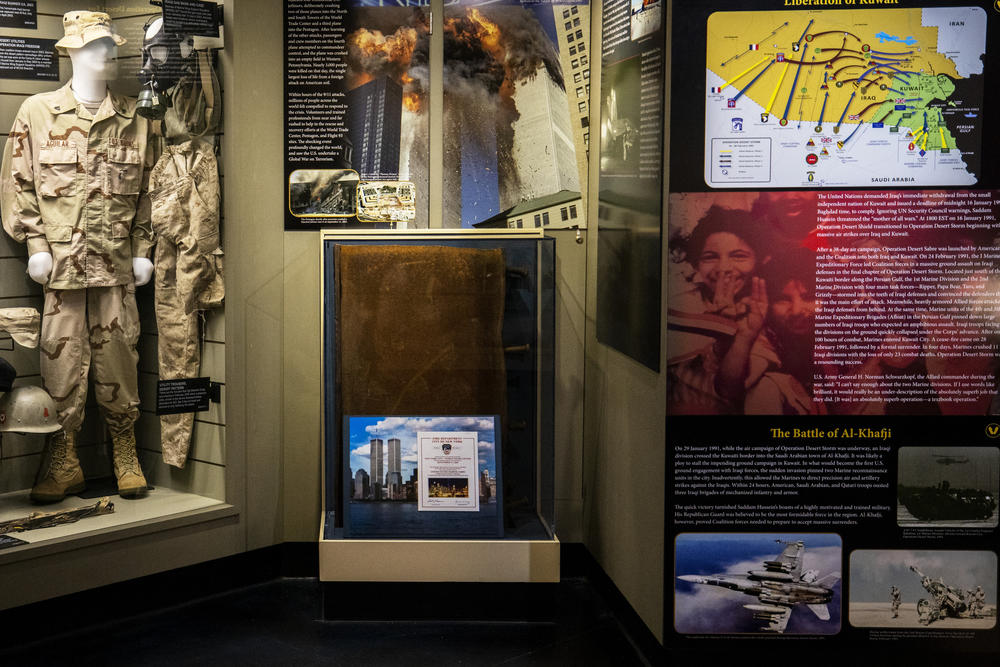 An exhibit dedicated to September 11th terrorist attacks is on display inside the Parris Island Museum at Marine Corps Recruit Depot, Parris Island on August 22 in Beaufort County, S.C.
