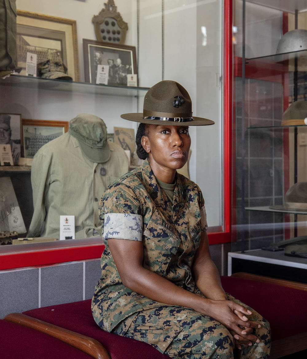 Sgt. Maj. Alkedra Tyler with 1st Recruit Training Battalion poses for a photo inside her company's building at Marine Corps Recruit Depot, Parris Island on August 22 in Beaufort County, S.C.