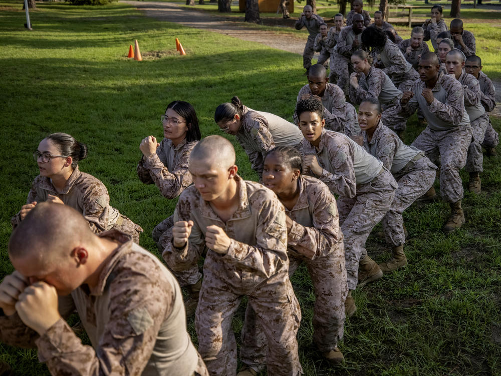 Marine recruits with Kilo Company 3rd Recruit Training Battalion work their way through drills in Leatherneck Square at Marine Corps Recruit Depot, Parris Island on August 22 in Beaufort County, S.C.