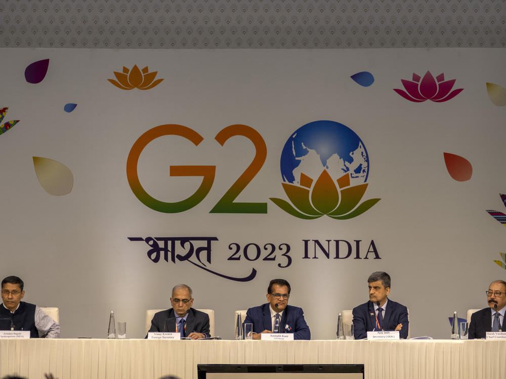 G20 Summit sherpa Amitabh Kant, center, addresses a press conference at the International Media Center ahead of the summit in New Delhi, India, Friday, Sept. 8, 2023.