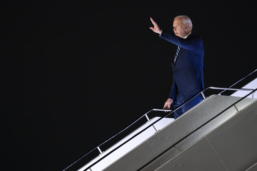 President Joe Biden arrives at Indira Gandhi International Airport to attend the G20 summit, Friday, Sept. 8, 2023, in New Delhi.