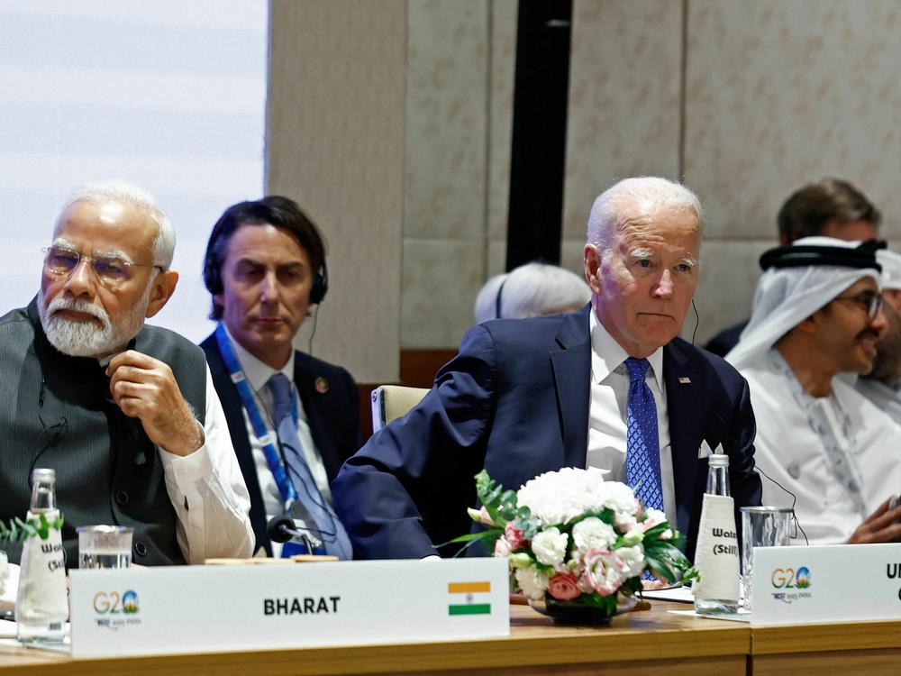 President Biden attends at session at the G20 in New Delhi. India's Prime Minister Narendra Modi has used the pre-colonial Hindi name for his country on his nameplate during the summit.