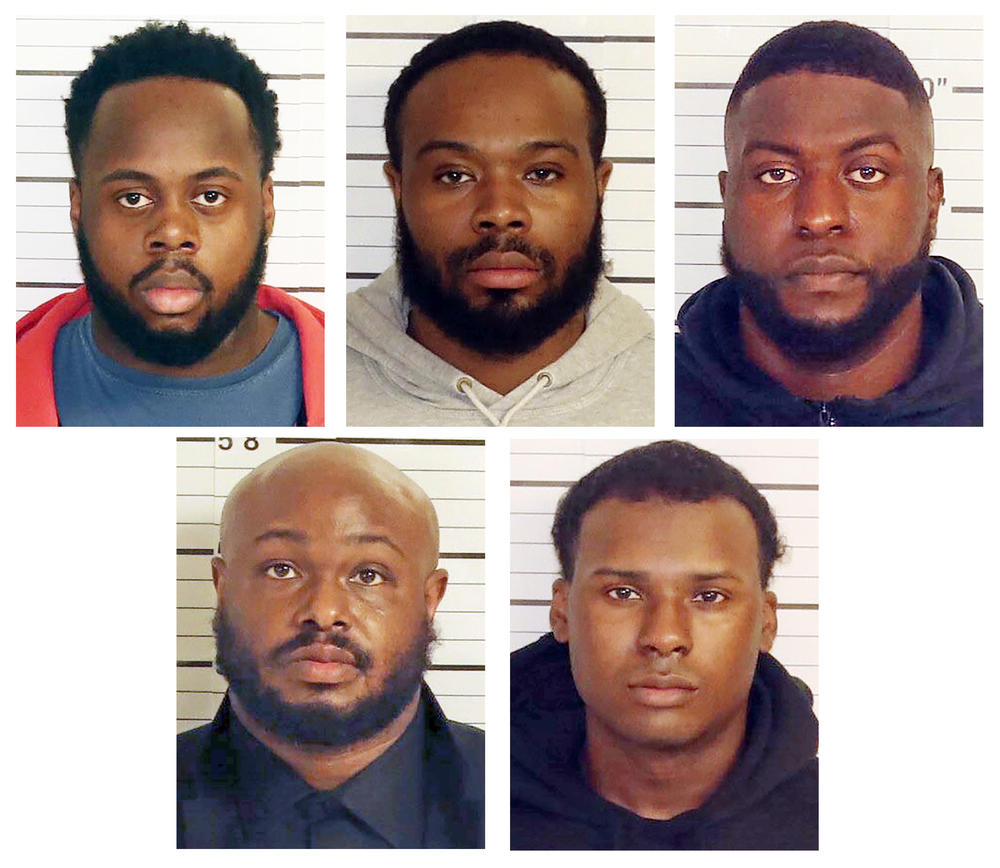 This combo of booking images provided by the Shelby County Sheriff's Office shows, from top row from left, Tadarrius Bean, Demetrius Haley, Emmitt Martin III, bottom row from left, Desmond Mills, Jr. and Justin Smith. The former Memphis police officers are charged in the January killing of Tyre Nichols, a Black man who was handcuffed and brutally beaten by officers following a traffic stop.