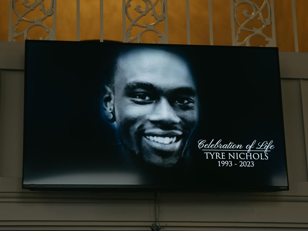 A screen at the entrance of Mississippi Boulevard Christian Church displays the celebration of life for Tyre Nichols on Feb. 1, 2023 in Memphis, Tenn.
