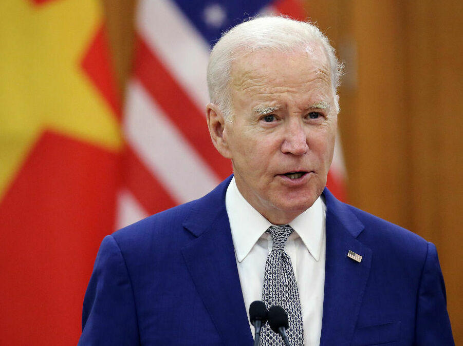 President Biden speaks to the media after a meeting with Vietnam's Communist Party General Secretary Nguyen Phu Trong at the Communist Party of Vietnam Headquarters in Hanoi on Sunday.