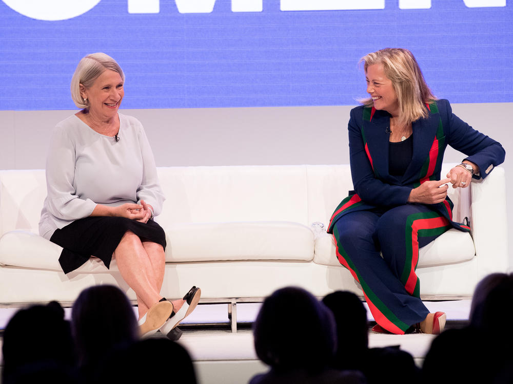 Anita Dunn (left) speaks onstage with Hilary Rosen (right) at an event titled 