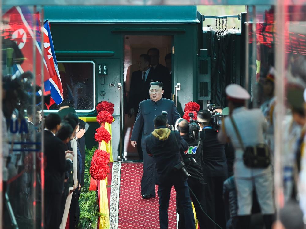 Kim Jong Un steps off his train in 2019 ahead of the U.S.-North Korea summit.