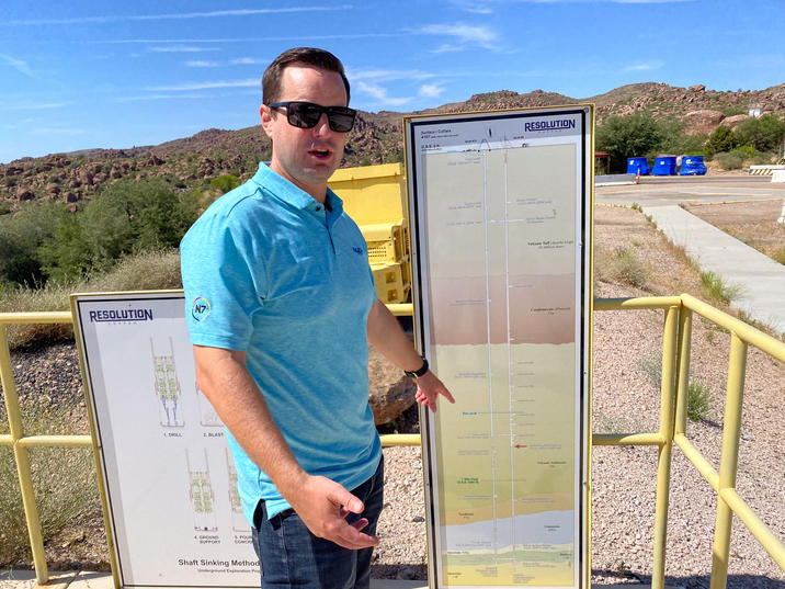 Tyson Nansel, spokesperson for the Resolution Copper mine, shows how the copper is about 6,800 feet underground. To process the copper, the mine will use billions of gallons of local water and stored Colorado River water.