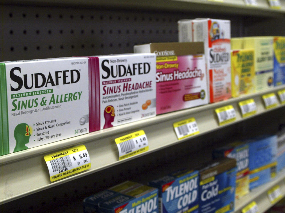 Sudafed and other common nasal decongestants containing pseudoephedrine are on display behind the counter at Hospital Discount Pharmacy in Edmond, Okla., Jan. 11, 2005.