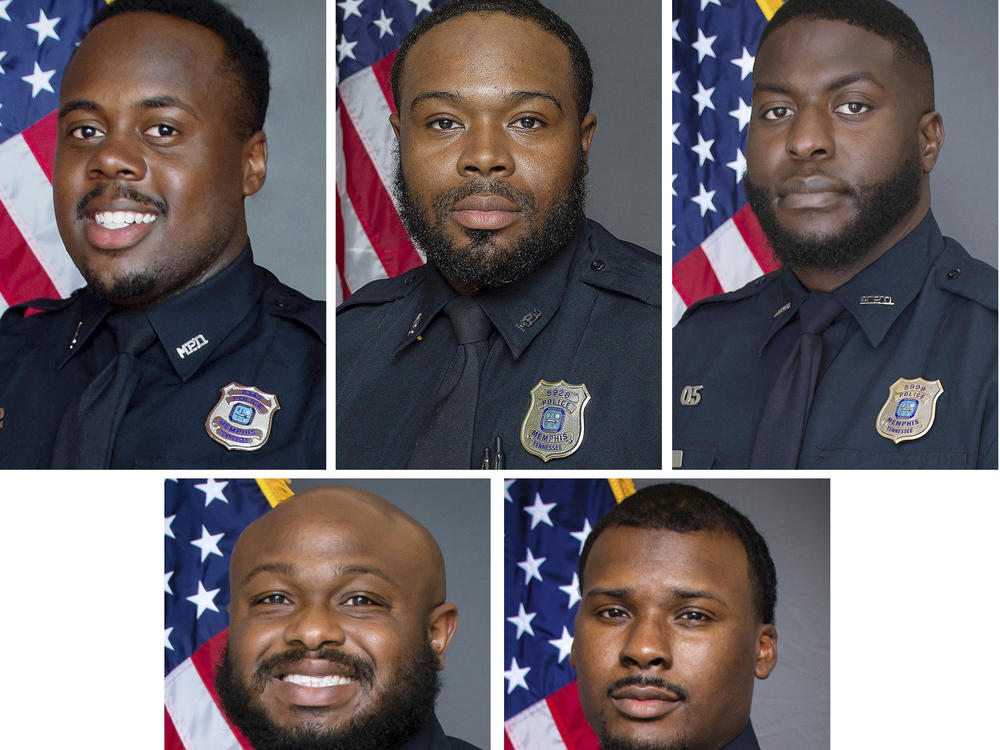 This combo of images provided by the Memphis Police Department shows officers Tadarrius Bean, Demetrius Haley, Emmitt Martin III, and bottom row from left, Desmond Mills Jr. and Justin Smith. The five former officers are now facing federal civil rights charges in the beating death of Tyre Nichols as they continue to fight second-degree murder charges in state courts arising from the killing.