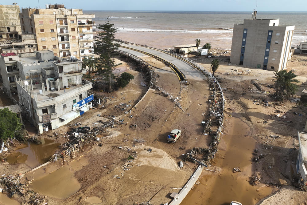 A view of the city of Derna is seen on Tuesday. Mediterranean Storm Daniel caused devastating floods in Libya that broke dams and swept away entire neighborhoods in multiple coastal towns, the destruction appeared greatest in Derna city.