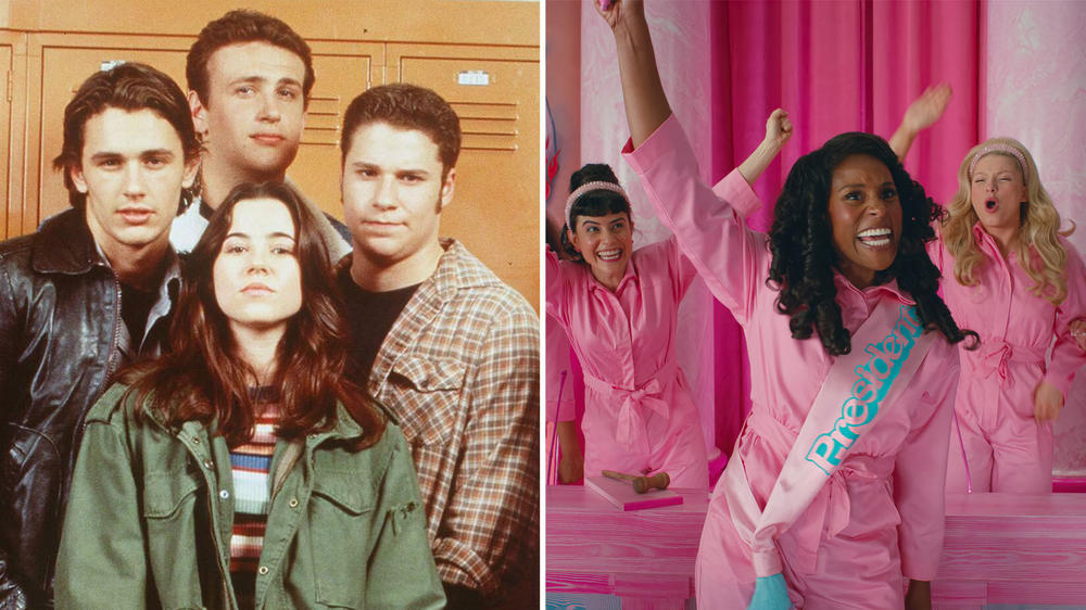 James Franco, Jason Segel, Linda Cardellini and Seth Rogen in <em>Freaks and Geeks, </em>left, and Issa Rae in <em>Barbie.</em>