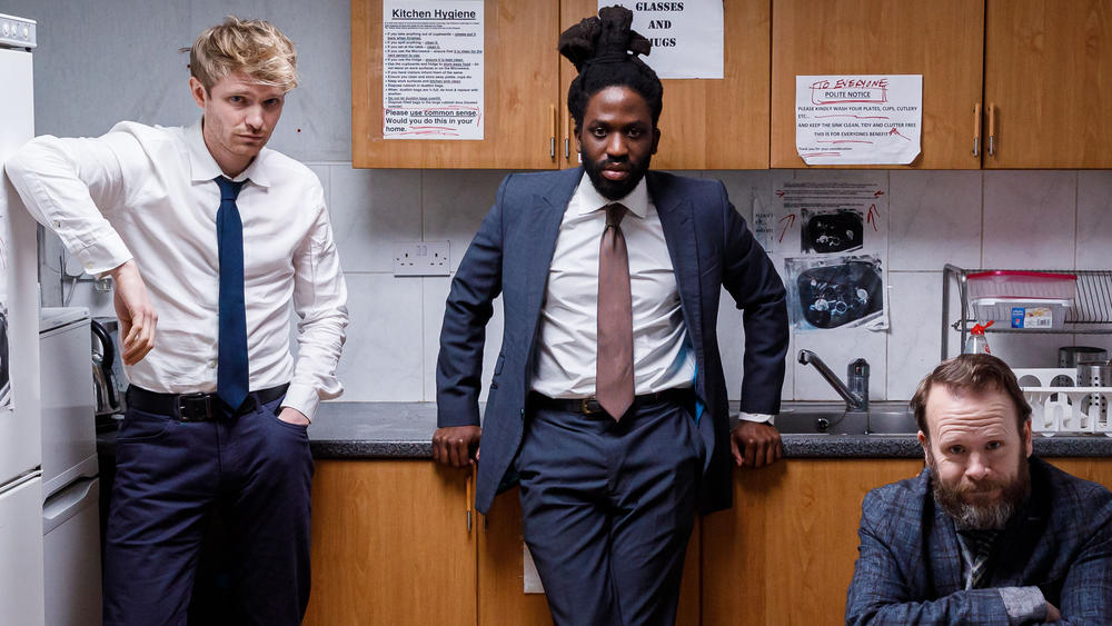 Alexander Owen as Adam, Adjani Salmon as Kwabena and Toby Williams as Tom in <em>Dreaming Whilst Black</em>.