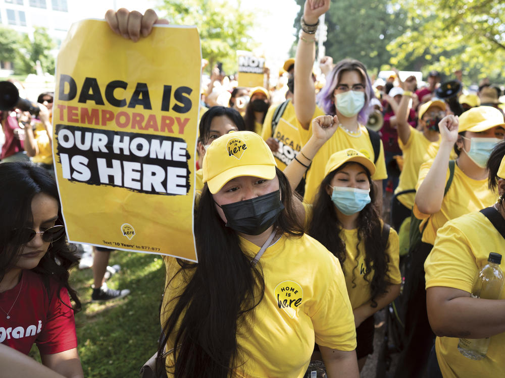 Susana Lujano, left, a dreamer from Mexico who lives in Houston, joins other activists to rally in support of the Deferred Action for Childhood Arrivals program, also known as DACA, at the Capitol in Washington, Wednesday, June 15, 2022.