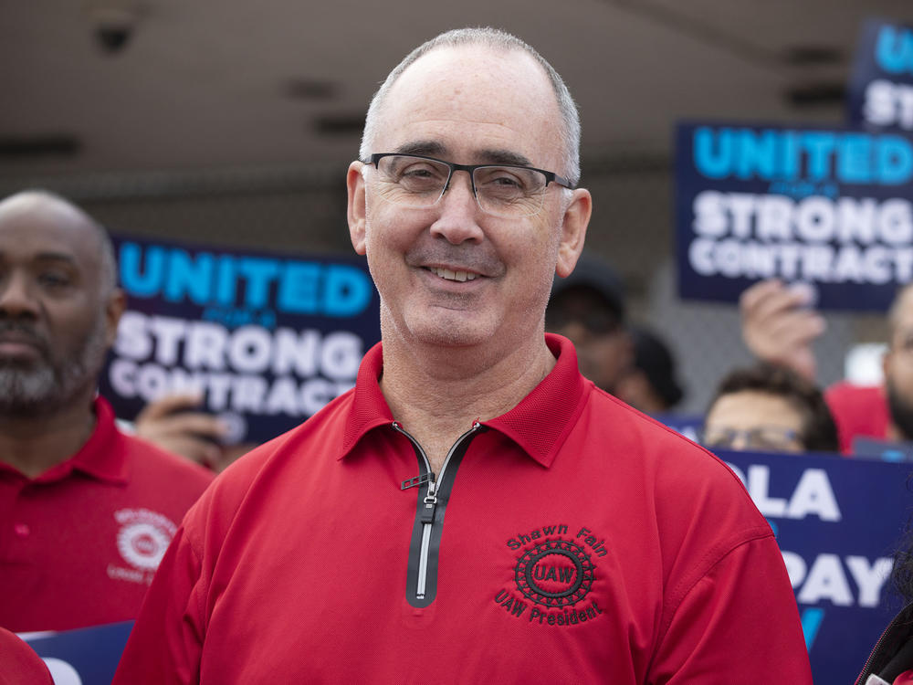 UAW President Shawn Fain visits Stellantis workers at the Stellantis Sterling Heights Assembly Plant in Sterling Heights, Mich., on July 12, 2023. As the first-ever democratically elected leader of the UAW, Fain has taken a tougher approach to negotiations than his predecessors.