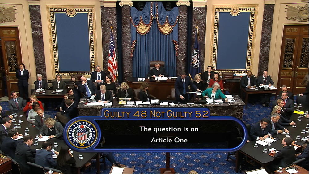 In this image from video, the vote total, 52-48 for not guilty, on the first article of impeachment, abuse of power, is displayed on screen during the impeachment trial against President Donald Trump in the Senate on Feb. 5, 2020.