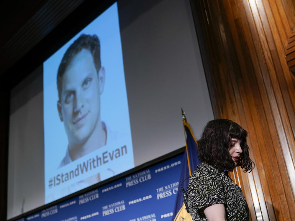 Danielle Gershkovich, Evan's sister, leaves a news conference at the National Press Club in Washington in July.