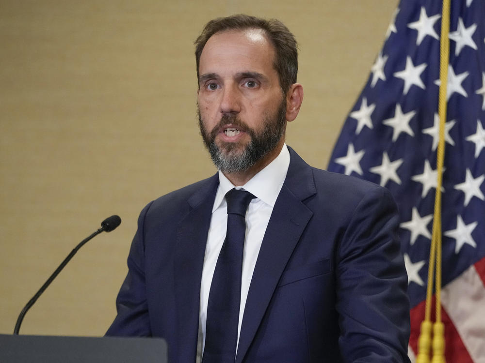 Special counsel Jack Smith speaks about an indictment of former President Donald Trump, Aug. 1, 2023, at a Department of Justice office in Washington. Federal prosecutors in the case charging Trump with scheming to overturn the 2020 election are seeking an order that would restrict the former president from 