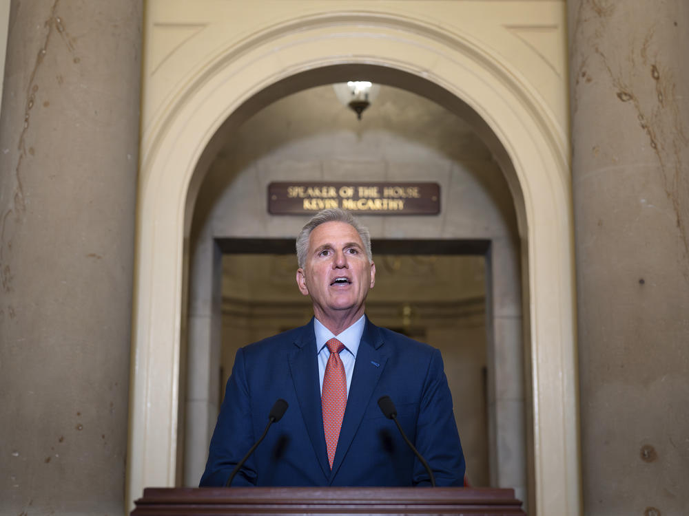 Speaker of the House Kevin McCarthy, R-Calif., speaks outside his Capitol office on Tuesday.