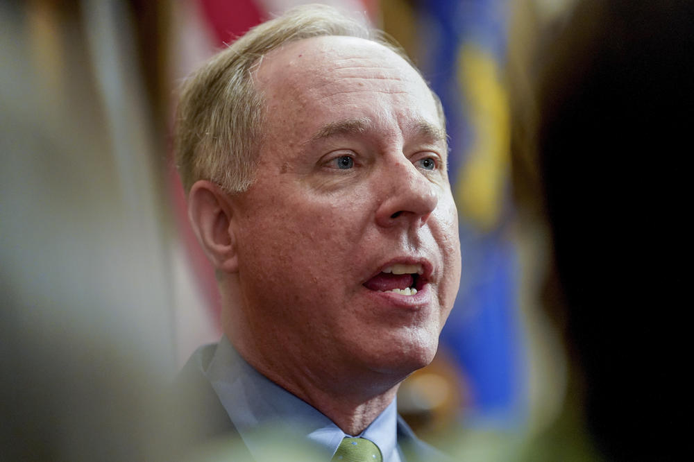 Wisconsin Assembly Speaker Robin Vos talks to the media on Feb. 15, 2022. The Republican has proposed a nonpartisan redistricting plan to preempt the liberal-controlled state Supreme Court from tossing the current GOP-drawn maps.