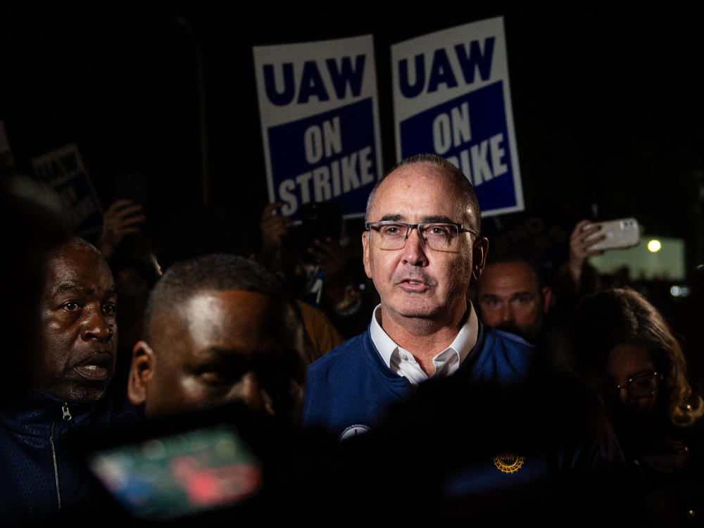 UAW President Shawn Fain makes an appearance with striking workers at the Ford Assembly Plant in Wayne, Mich. on Sept. 15, 2023. The UAW started a strike at three plants of the Big Three in the Midwest. It's the first time the union is striking against the top three Detroit automakers at once.