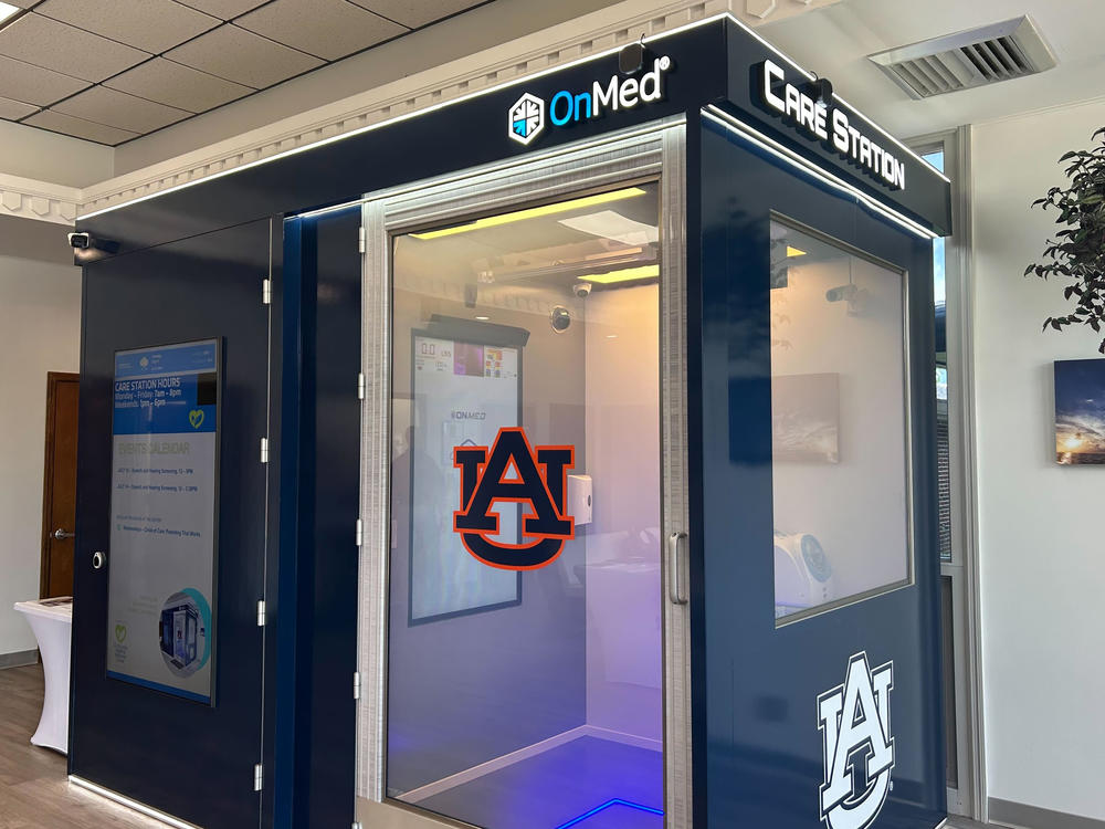 OnMed, a private company, is opening high-tech telehealth booths in rural towns across the country. This one is in new health center run by Auburn University.