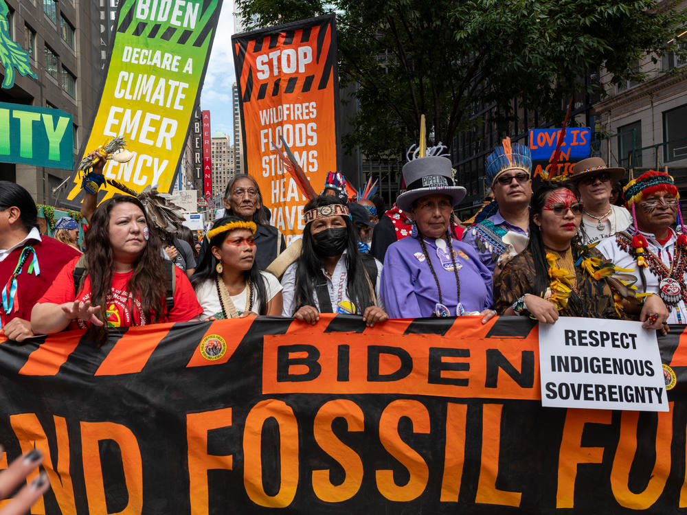 Thousands of activists, indigenous groups, students and others take to the streets of New York for the March to End Fossil Fuels protest on Sunday, Sept. 17, 2023 in New York.