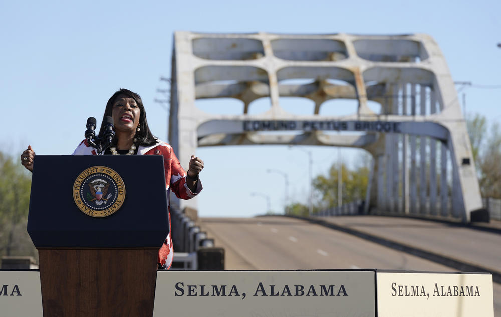 Rep. Terri Sewell speaks near the Edmund Pettus Bridge in Selma, Ala., in March to commemorate the 58th anniversary of 