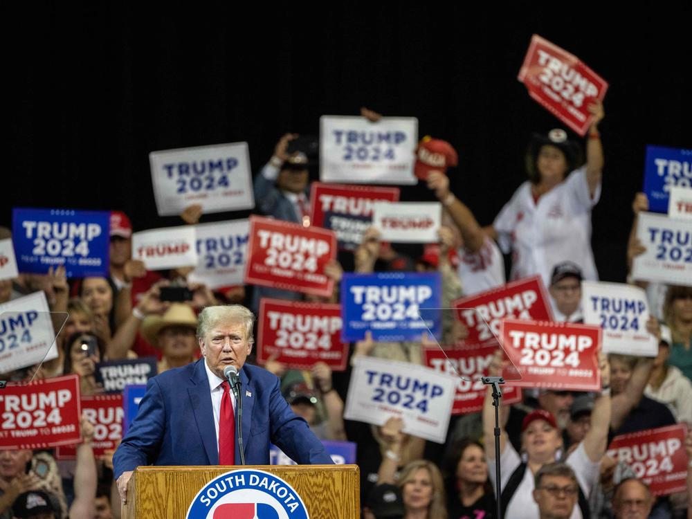 Former President Donald Trump speaks at a campaign rally in Rapid City, S.D., on Sept. 8.