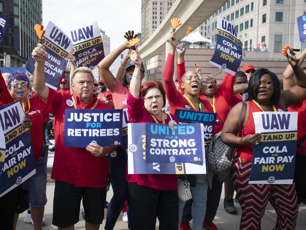 United Auto Workers members attend a solidarity rally as the UAW strikes the Big Three automakers on September 15, 2023 in Detroit, Michigan.