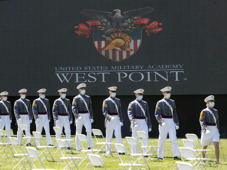West Point graduating cadets are seen during commencement ceremonies at Plain Parade Field at the United States Military Academy on June 13, 2020, in West Point, N.Y.