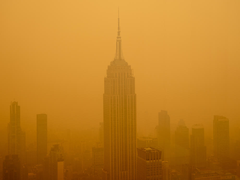 Smoky haze from wildfires in Canada obscures New York City's Empire State Building this year. The air in the U.S. has improved over the past 50 years, but smoke pollution from growing wildfires erodes much of that progress.