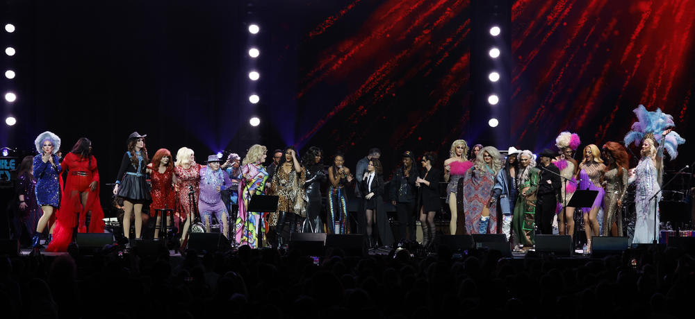 In March, Russell (at center, with microphone) organized a benefit concert aimed at fighting bills in Tennessee that targeted drag shows and transgender healthcare. Other performers on the stage at the Bridgestone Arena show included Jason Isbell, Maren Morris, Joy Oladokun and Amanda Shires.