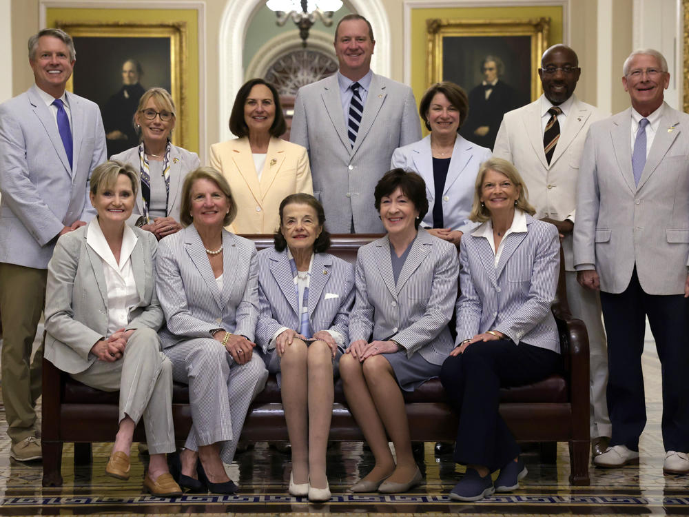 U.S. senators participate in a photo session at the U.S. Capitol on Seersucker Thursday, June 8, 2023 in Washington, DC. Senators wear seersucker clothing on Seersucker Thursday, an annual tradition that was initiated by former Senate Majority Leader Sen. Trent Lott (R-MS) in 1996, to mark the National Seersucker Day.