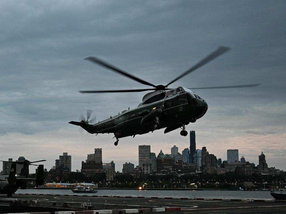 President Biden's Marine One helicopter lands on Wall Street on Sept. 17, 2023. The president was in New York to attend the U.N. General Assembly — and to meet donors at campaign fundraising events.