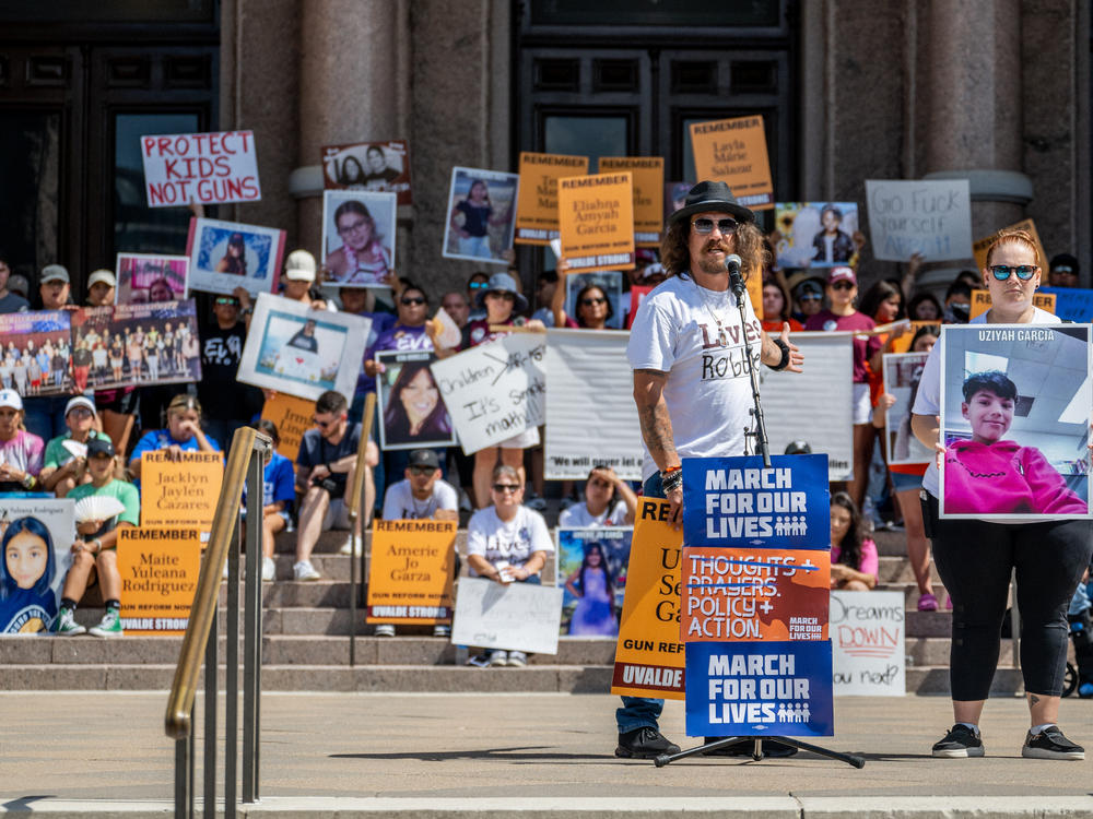 Family members speak about the victims of the mass shooting in Uvalde, Texas, during a March For Our Lives rally on Aug. 27, 2022 in Austin.