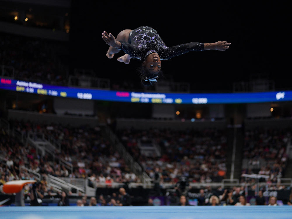 Simone Biles continues to soar: 10 years after putting elite gymnastics on notice, she's now heading to her sixth World Championships. Biles is seen here during the floor routine at last month's U.S. Gymnastics Championships.