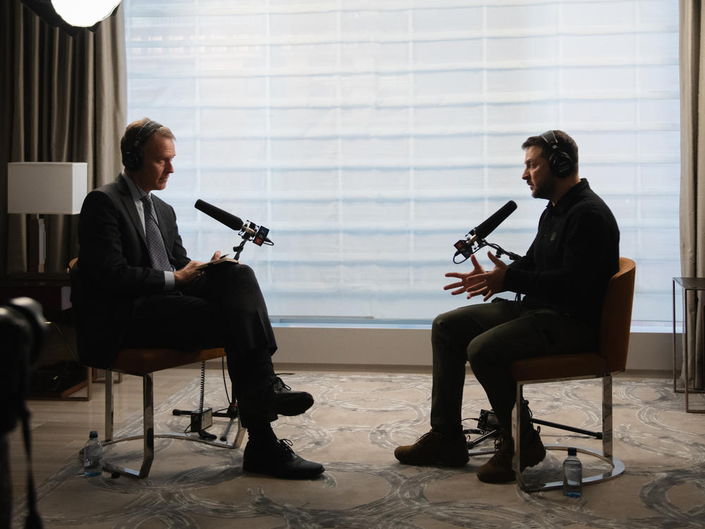 Steve Inskeep (left) interviews Ukrainian President Volodymyr Zelenskyy in New York City on Wednesday.