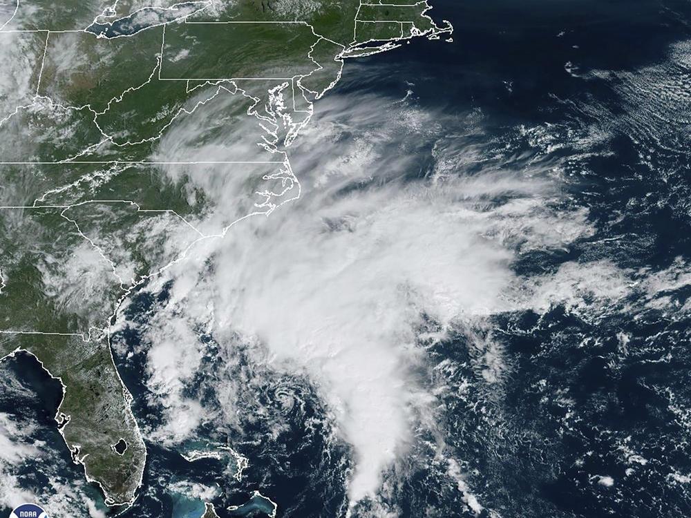 This Thursday, Sept. 21, 2023, satellite image provided by the National Oceanic and Atmospheric Administration shows a potential tropical cyclone forming off the U.S. southeastern coast.