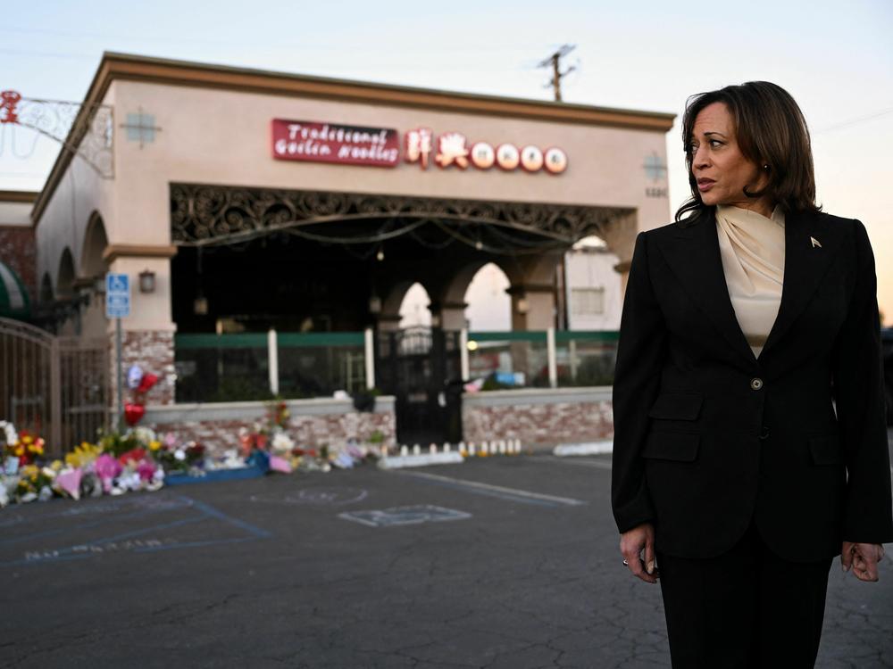 Vice President Harris speaks about the victims of the mass shooting in Monterey Park, Calif. in front of a makeshift memorial at the Star Ballroom Dance Studio on Jan. 25, 2022.