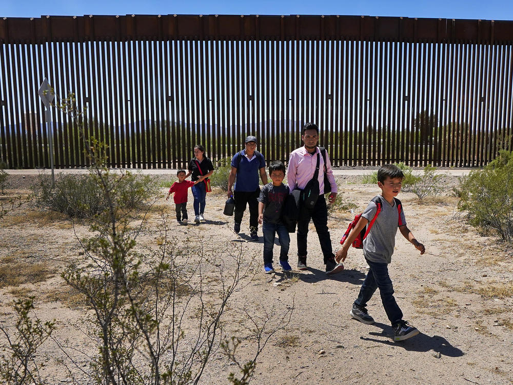 A family of five who said they were from Guatemala and a man in a pink shirt from Peru walk through the desert after crossing in the Tucson Sector of the U.S.-Mexico border last month.