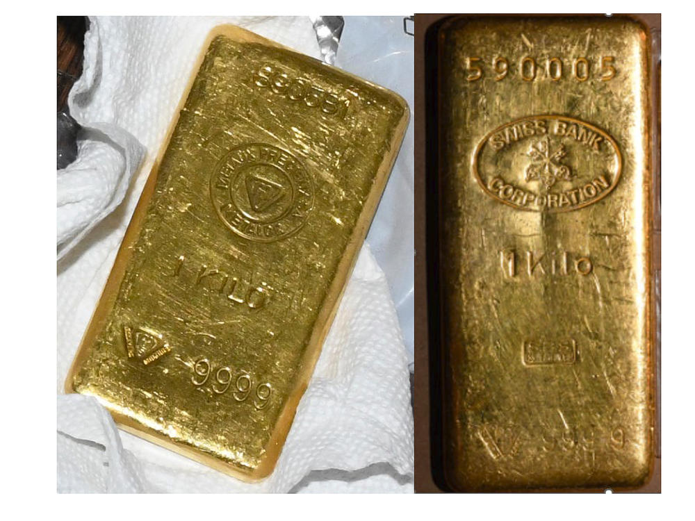 This image provided by the U.S. Attorney's office on Sept. 22, 2023, shows two of the gold bars found during a search by federal agents of Sen. Bob Menendez's home and safe deposit box.