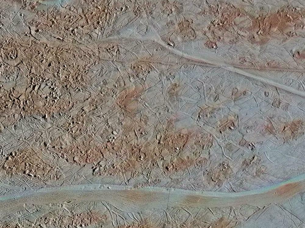 An image of Europa's surface shows a region of 