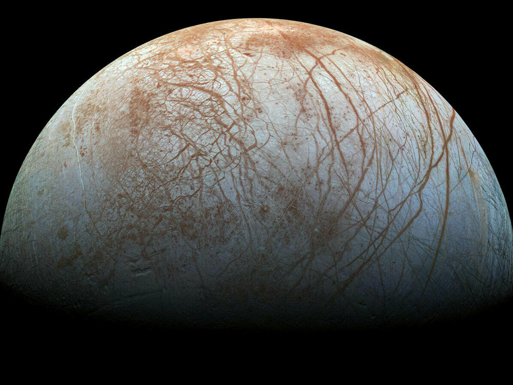 New analysis has found a source of carbon within Europa, Jupiter's moon that is believed to hold massive amounts of liquid water. This view of the moon was created from images taken by NASA's Galileo spacecraft in the late 1990s.