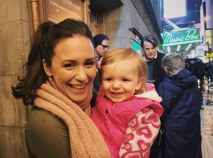 Rachel Spencer Hewitt and her daughter at the stage door during Hewitt's run in <em>King Charles III</em> on Broadway.