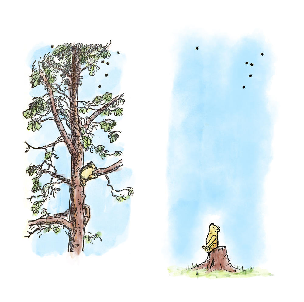 Before and after images from the original (left) and the new <em>Winnie-the-Pooh: The Deforested Edition </em>in which all of the trees have been removed or cut down.